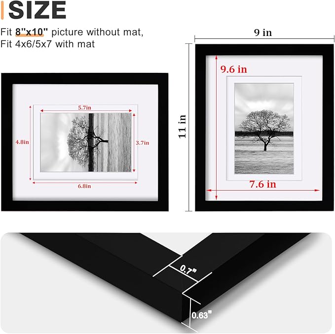 Egofine 8x10 Picture Frames Set of 4, Made of Solid Wood Covered by Plexiglass 4x6 and 5x7 with Mat or 8x10 without Mat, for Table Top Display and Wall Mounting Photo Frame Black