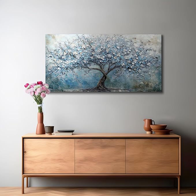 crmotu Tree of Life Large Wall Art for Living Room, Cherry Blossom Tree Abstract Art Prints Canvas Pictures, Modern Blue White Aesthetic Painting Bedroom Bathroom Home Office Wall Decor 24"X48"