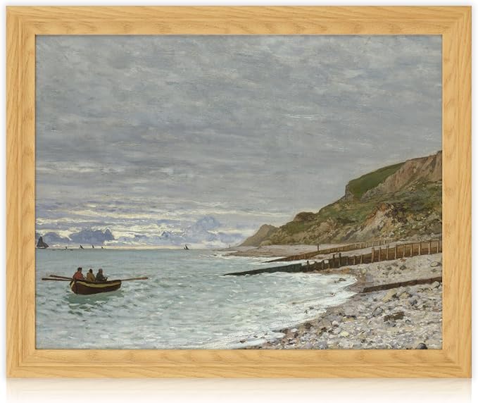 Brivoria Framed Canvas Wall Art Vintage Decor, Coastal Landscape with Cliff Rowboat Pebble Shore and Distant Horizon Beneath Cloudy Sky for Living Room Statement Wall or Gallery Display, 16"x20"