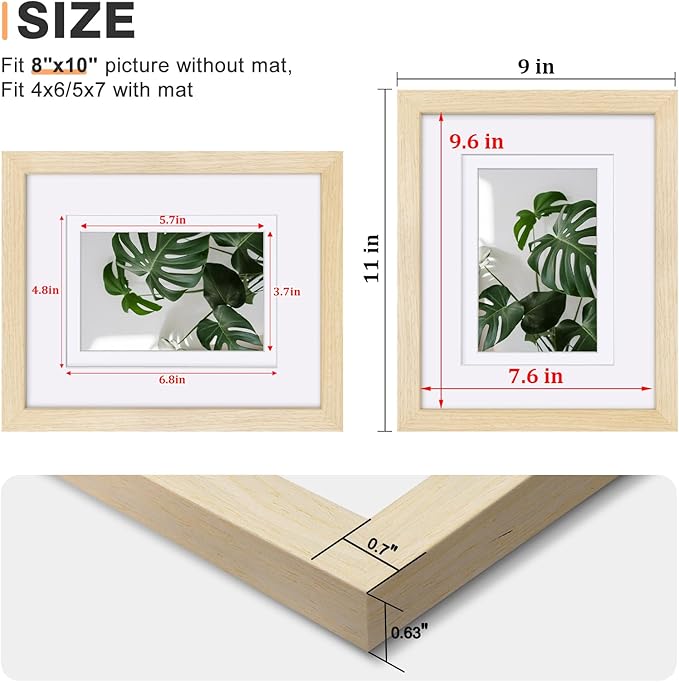 Egofine 8x10 Picture Frames Set of 4, Made of Solid Wood Covered by Plexiglass 4x6 and 5x7 with Mat or 8x10 without Mat, for Table Top Display and Wall Mounting Photo Frame Oak Wood