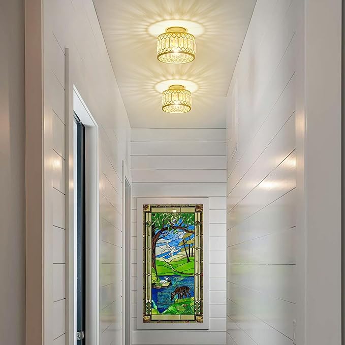 Crystal Ceiling Light, Modern Semi Flush Mount Ceiling Light, Gold Crystal Chandelier for Kitchen Bedroom Bathroom Entryway (Bulb not Included)