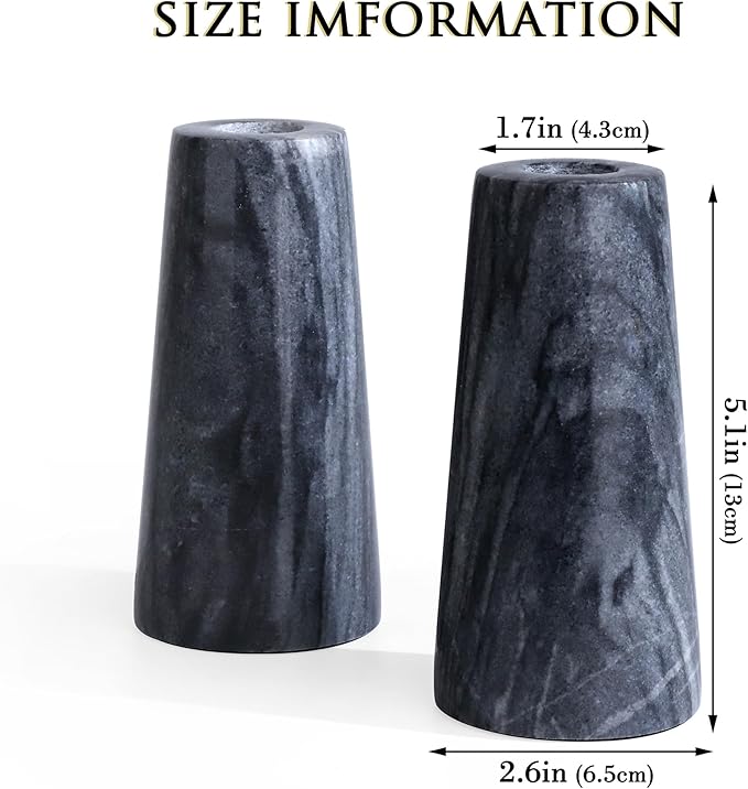 HofferRuffer Marble Candlestick Holders，Set of 2 Natural Stone Candle Holder Decorative Candle Stands for Wedding, Dinning, Party, Table Centerpieces, Fit 3/4'' Thick Taper Candles (Grey Black)
