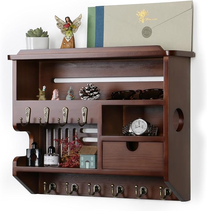 Key Holder for Wall, Mail Organizer Wall Mount with Storage Drawer and 10 Hooks, Easy Installation Key Holder Wall Mount for Home Decor, Walnut