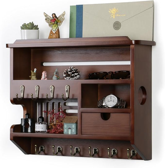 Key Holder for Wall, Mail Organizer Wall Mount with Storage Drawer and 10 Hooks, Easy Installation Key Holder Wall Mount for Home Decor, Walnut
