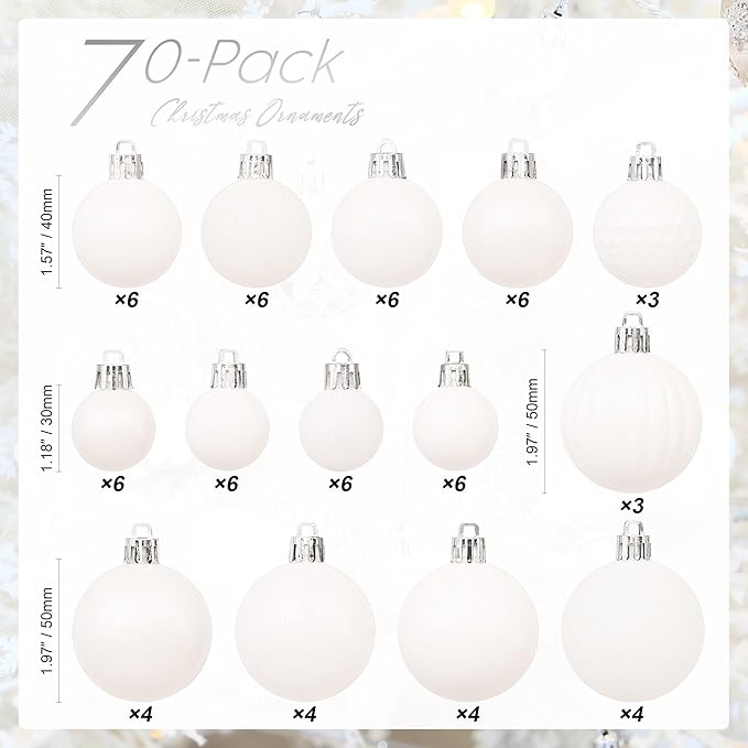 Sea Team 70-Pack Shatterproof Plastic Christmas Ball Ornaments Set, Multi-Size Christmas Baubles, Hanging Decorations for Xmas Tree, Wreath, Garland, (1.18-1.97 Inches, White)