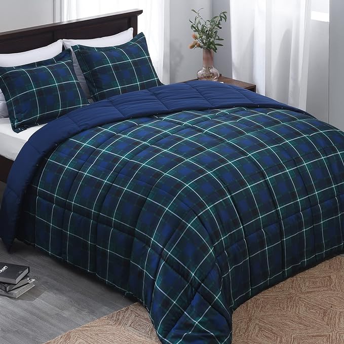 Basic Beyond King Size - Navy and Green Buffalo Plaid Comforter Set King Down Alternative Bedding Comforter Set for All Season(1 Comforter with 2 Pillow Shams, 104" x 92")
