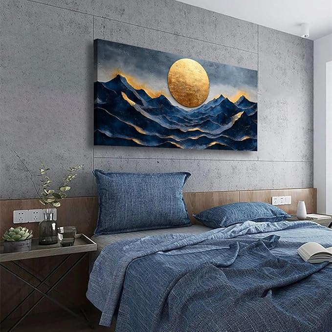 Golden Moon Pictures Canvas Wall Art for Living room Office Bedroom Wall Decor, Landscape Wall Art Print Paintings Modern Golden Blue Scenery Artwork Waterproof Ready to Hang-20x40inch