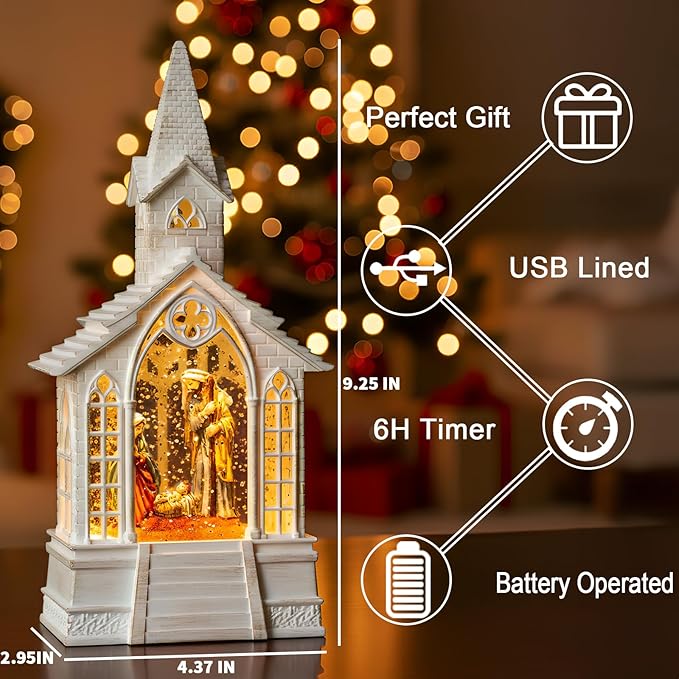 Christmas Snow Globes Church Nativity Water Lantern,Silent Night Music, Holiday Decorations Gifts for Family Children or Friends