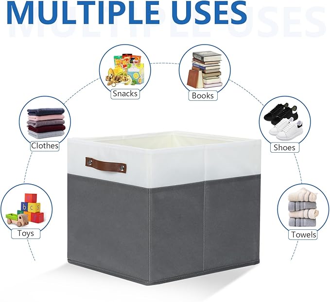 Temary Cube Storage Bins 4Pack Foldable Cube Baskets for Clothes Shelf Storage Basket with Handles, Storage Box Fabric Storage Organizer Bins for Home (White&Grey, 13x15x13 Inch)