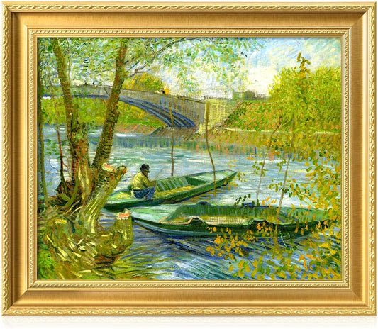 DECORARTS - Fishermen and Boats from the Pont de Clichy by Vincent Van Gogh. Giclee Print on Acid-Free Canvas in Gold Solid Wood Frame. Picture Size: 20x16, Total Size: 24.75x20.75, Made in USA