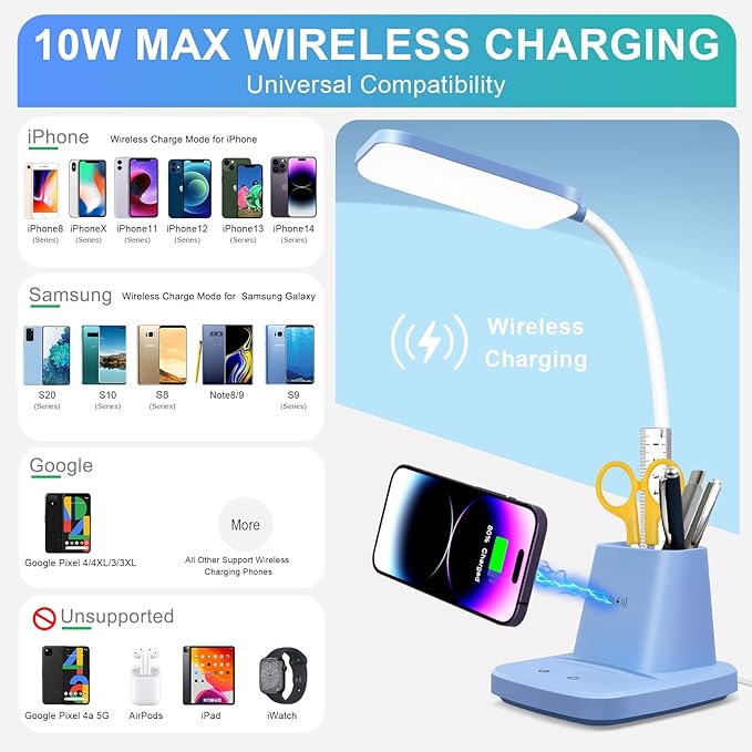 Sailstar Small Desk Lamp, Blue Desk Lamp with Pen Holder, Wireless Charger LED Desk Lamps for Home Office, 800LM Gooseneck 3 Modes Dimmable Touch Cute Desk Lamps, Study Lamps for College Dorm Room