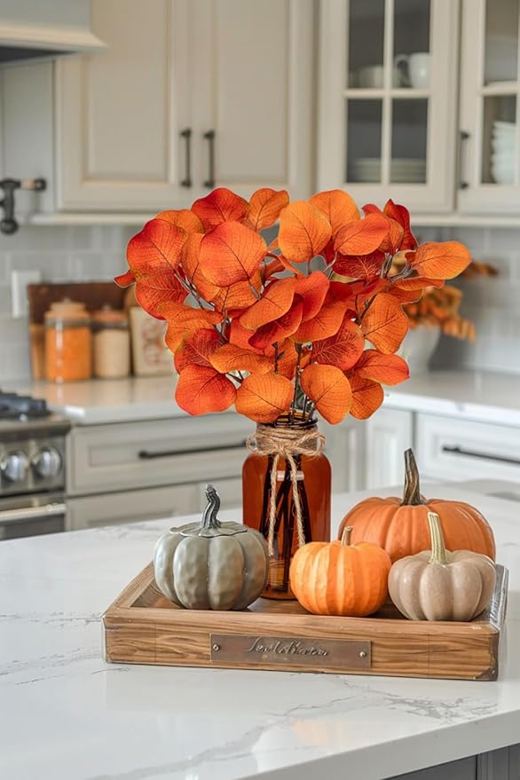 Briful Artificial Eucalyptus Stems in Amber Glass Vase with Faux Water, 14" Fake Fall Plant Autumn Eucalyptus Leaves for Home Farmhouse Wedding Centerpiece Bathroom Décor