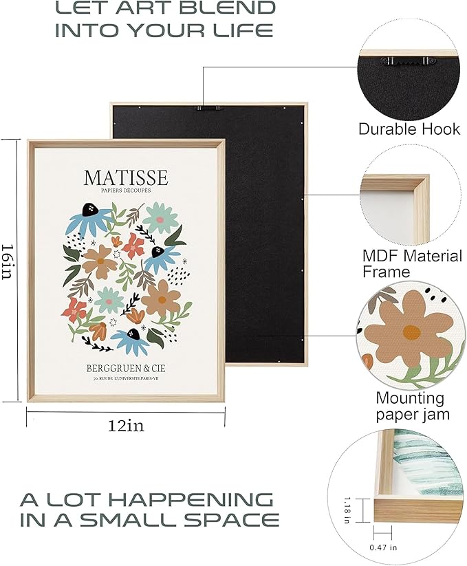 Framed Wall Art,Picasso and Matisse Wood Vintage Wall Decor,12x16in Cotton Pattern Canvas Poster,Picasso The Three Dancers for Living Room,Set of 3