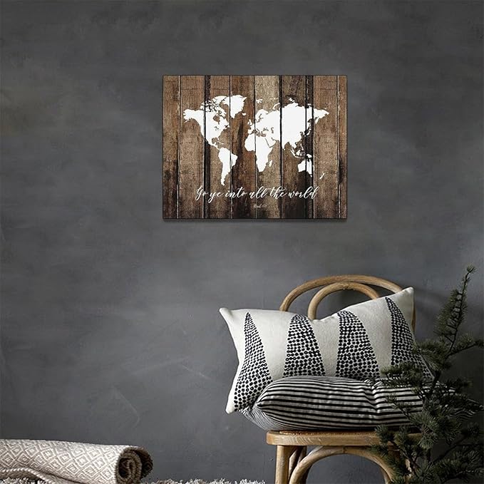 Large World Map Wall Art Rustic World Map Pictures Wall Decor Go Ye Into All The World and Preach The Gospel Canvas Painting Print Home Artwork Framed for Living Room Bathroom Master Bedroom 16"x12"