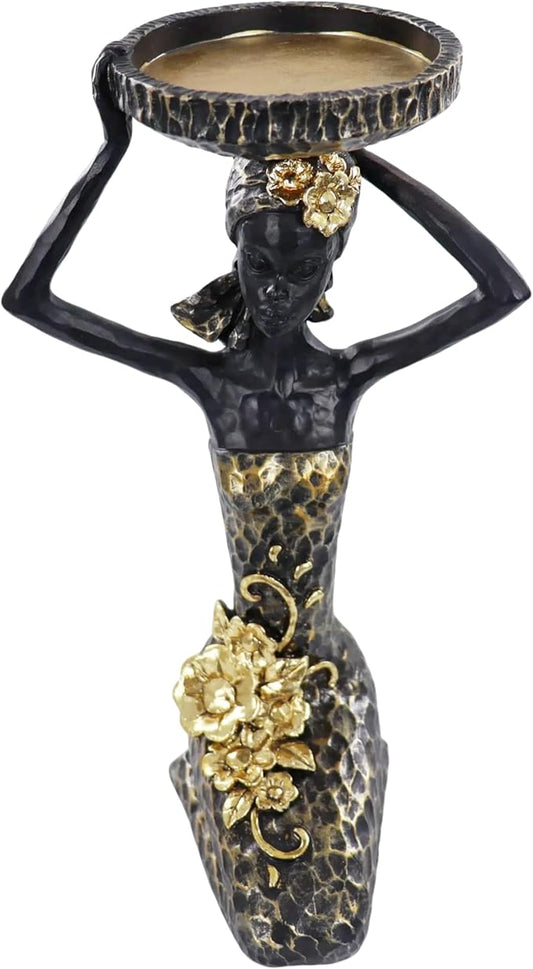 African Lady Figurine Candle Holder with African Tribal Totem for Wedding,Church,Holiday Decor-African Decorative Women Statues, Candlestick Holder for Home and Table Decor(404-Black)