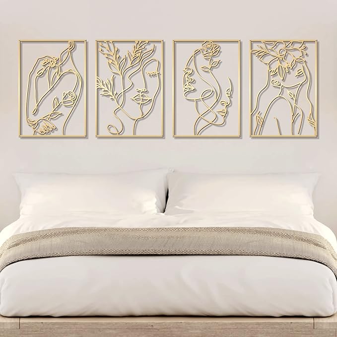 Glamativity 4 Pack Gold Wall Art Decor, Female Flower Face Lover Minimalist Décor Single Line Art Wall Décor, Real Metal Wall Art, Woman's Body Shape Abstract Wall Art, for Kitchen Bedroom Living Room (Gold Floral Lady Style, M Size 17 x 11.8'')