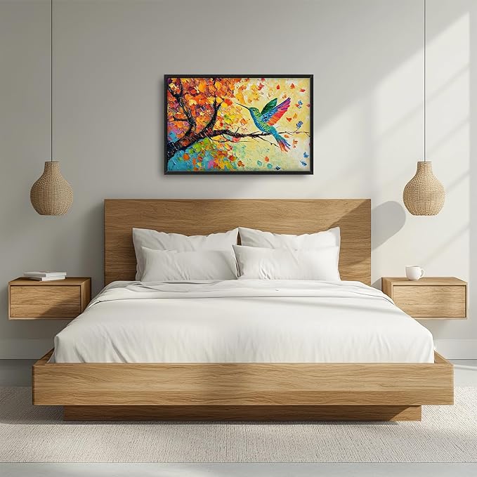 Hummingbird Framed Wall Art for Living Room, Large Bird Canvas Wall Decor, Hummingbirds on Branch Pictures Painting, Modern Artwork for Bathroom Bedroom 36L'' × 24W''