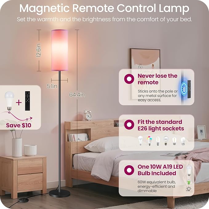 Dimmable Pink Floor Lamp for Living Room with Remote and Foot Switch, Corner Floor Lamp for Bedroom, 64.4" Standing Tall Lamp, 10W 900LM Bulb Included, 3000K-6500K, Linen Shade, FCC Listed P06LD05W1
