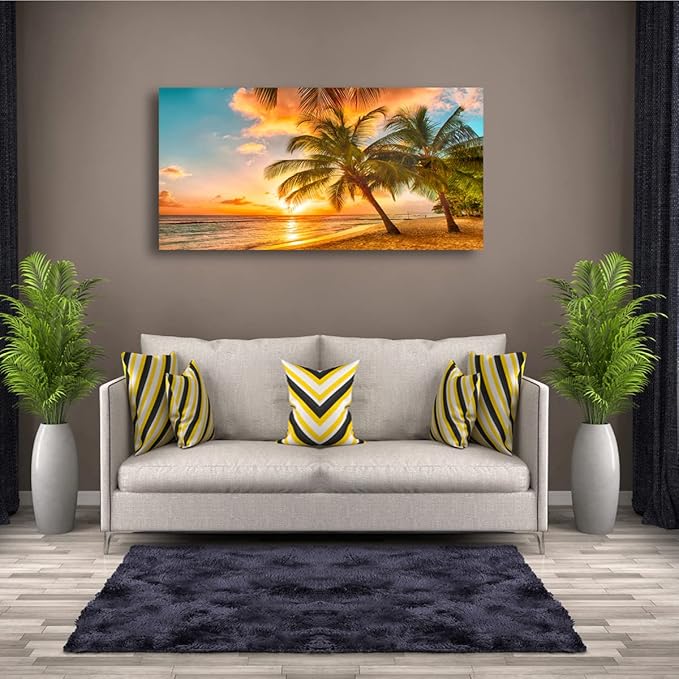 Beach Themed Wall Art Canvas Prints Seascape Picture Bathroom Décor Ocean Tree Sunset Paintings for Living Room Bedroom Office Home Kitchen Decorations 24x48 Wooden Framed Natural Landscape Artwork