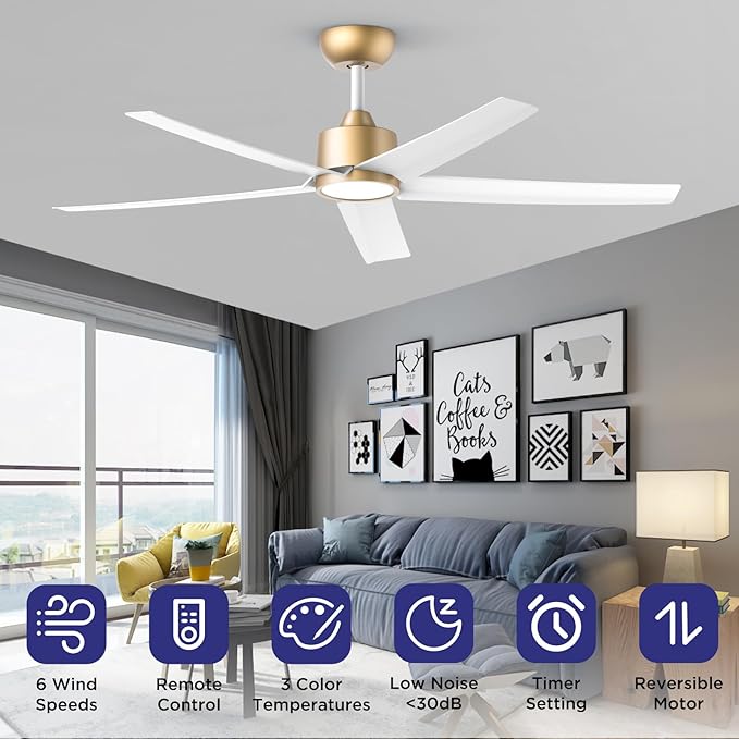 ocioc 52 inch Ceiling Fans with Lights and Remote Control Ultra Quiet DC Motor 3 Color Temperatures Modern Ceiling Fan for Bedroom Kitchen Indoor Covered Outdoor Gold