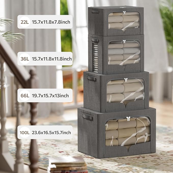 3 Pack Clothes Storage Bins Foldable Metal Frame Storage Box Stackable Linen Fabric Organizer Set with Carrying Handles and Clear Window (Dark Gray, 15.7x11.8x7.8inch(22L))