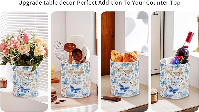 Kitchen Utensil Holder,7.2″Extra Large Stable Pattern Ceramic Utensil Crock,Utensil Organizer for Countertop,Kitchen Decor,Utensil Holder for Housewarming,Wedding Gift (Butterfly)