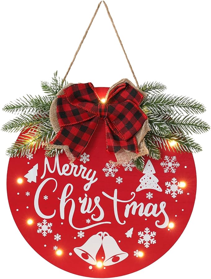 HOMCDALY Merry Christmas Welcome Sign for Front Door, Red X-mas Sign with Light, Holiday Door Decoration Wooden Hanging Sign, Christmas Decoration, Wall Art, Wall Decor(Red)