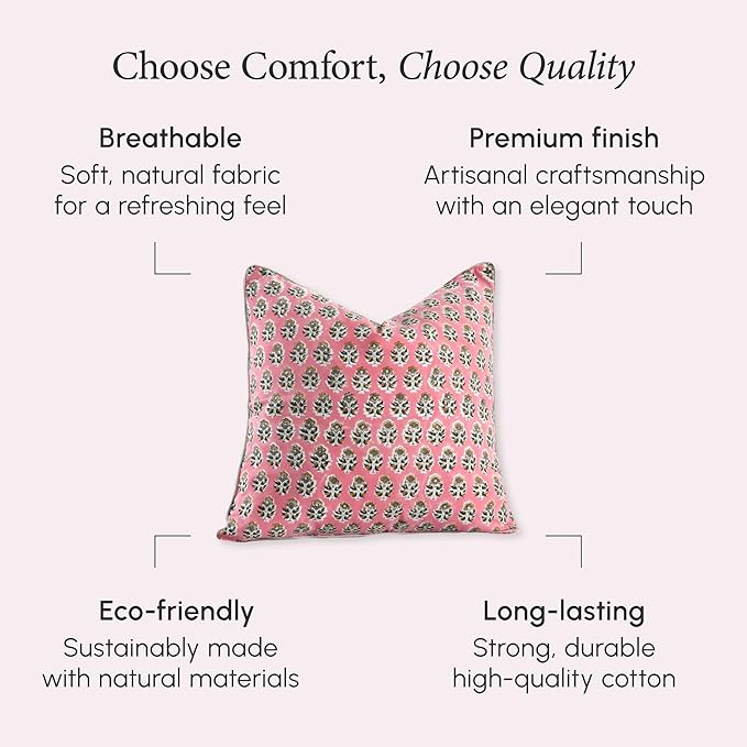 CPC 100% Cotton Throw Pillow Covers 24x24 Inch, Set of 2 Green Block Print Pattern Couch Pillow, Cute Boho Decorative Pillows for Living Room, Bedroom with Hidden Zipper- Poppy Pink