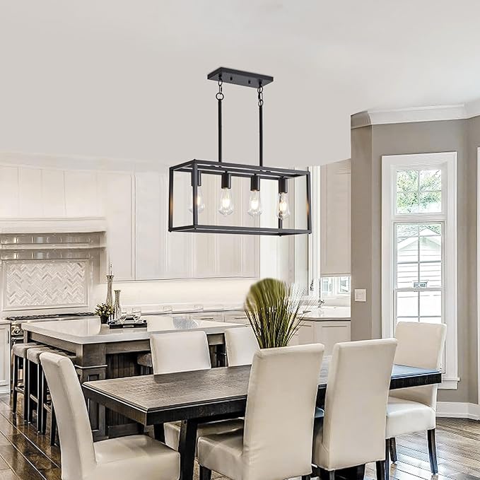 Dining Room Light Fixture 4 Light Black Farmhouse Chandelier Modern Kitchen Island Pendant Lighting Rectangular Hanging Lights for Kitchen Dining Room Adjustable Height Metal E26 Base