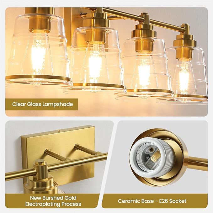 Gold Bathroom Vanity Light Fixture, 4 Light Bathroom Light Fixtures Over Mirror with Clear Glass Shade and Metal Base Wall Sconce, 29.1inch Modern Vanity Light for Bathroom(Exclude E26 Bulb)