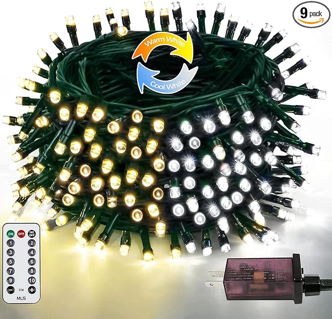 75.8 FT 200 LED Color Changing Christmas String Lights with Remote & Timer & Memory Function, 9 Lighting Modes Waterproof Fairy Lights for Xmas Tree Yard Holiday Party Garden (Warm White & Cool White)