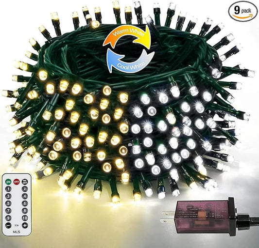 75.8 FT 200 LED Color Changing Christmas String Lights with Remote & Timer & Memory Function, 9 Lighting Modes Waterproof Fairy Lights for Xmas Tree Yard Holiday Party Garden (Warm White & Cool White)