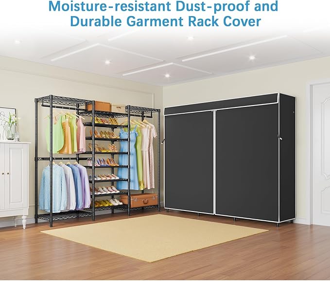 VIPEK S3C Heavy Duty Portable Closet with Adjustable Shoe Rack Wire Shelf, Large Wardrobe Organizer for Bedroom Storage, Freestanding Clothes Rack with Hanging Rod, Custom Black Rack with Black Cover