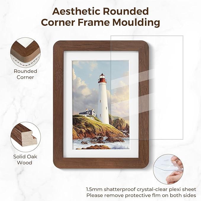 5x7 Picture Frames Set of 3, 5 by 7 Photo Frames for Wall & Tabletop Display, Solid Oak Wood Frames with Plexiglass, 5x7 Frame Matted to 4x6, Light Wood 5 x 7 Gallery Wall Frame Set, Walnut Color