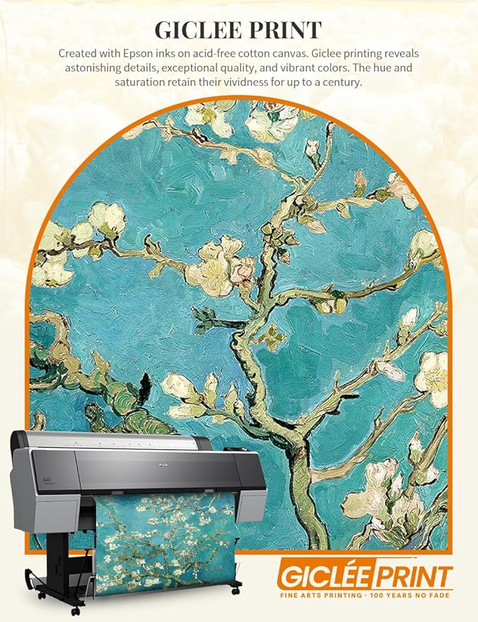 DECORARTS - Almond Blossom Tree by Vincent Van Gogh Art Reproduction. Oversize Solid Wooden Frame Matching with Giclee Prints Canvas Wall Art. Total framed size: 43x35