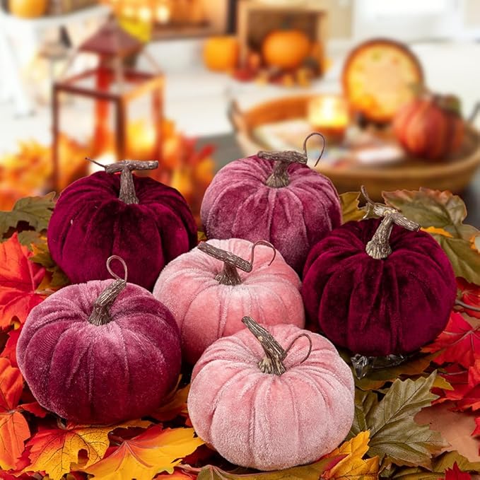 Briful Fall Pumpkins Decoration for Home, 6PCS Velvet Fake Pumpkin Decor for Autumn Harvest Thanksgiving Halloween Party Baby Shower Table Centerpiece Mantel Decoration(4 Inch, Purple/Burgundy/Pink)