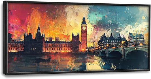 London Big Ben Framed Wall Art for Living Room, Large Cityscape Canvas Wall Decor, Bridge Pictures Painting, Natural Landscape Modern Artwork for Bathroom Bedroom 60L'' × 30W''