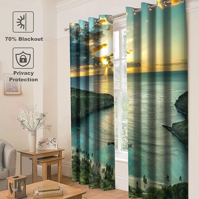 Jekeno Ocean Beach Blackout Curtains Ocean Morning Sunrise Decor for Home Bedroom Living Room with Hawaiian Seaside Scene Island Green Print Grommet Window Drapes 2 Panel Set, 42"x63"