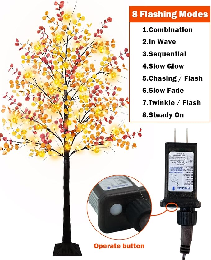 Uieke 6FT 96LED Lighted Thanksgiving Eucalyptus Tree Artificial Tree with 24PCS Pumpkin Lights 8 Modes Thanksgiving Fall Decorations for Home Autumn Decor Indoor Outdoor