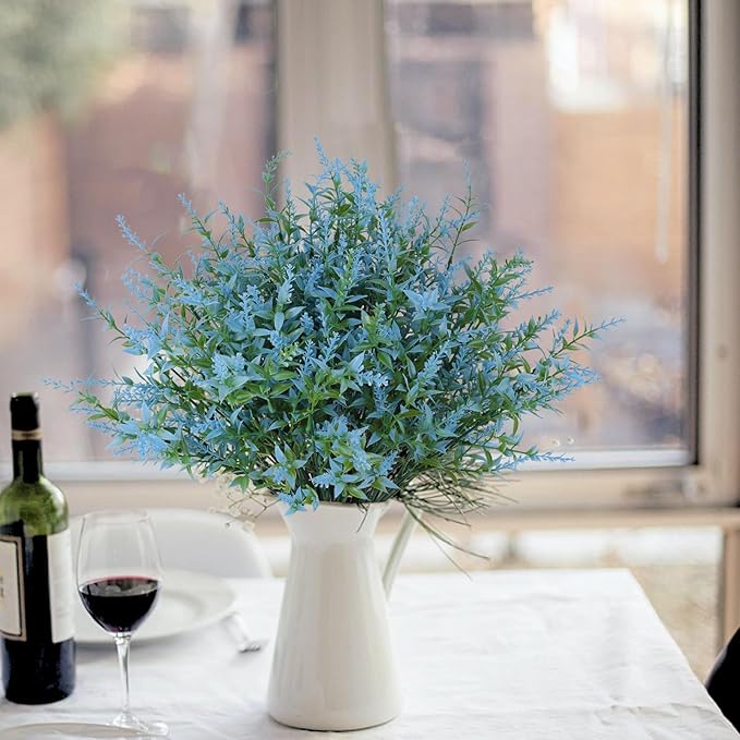 RECUTMS 20 Bundles Outdoor Artificial Flowers UV Resistant Fake Outdoor Plants, Faux Greenery for Indoor Outside Hanging Plants Garden Porch Window Box Home Wedding Farmhouse Décor(Blue)