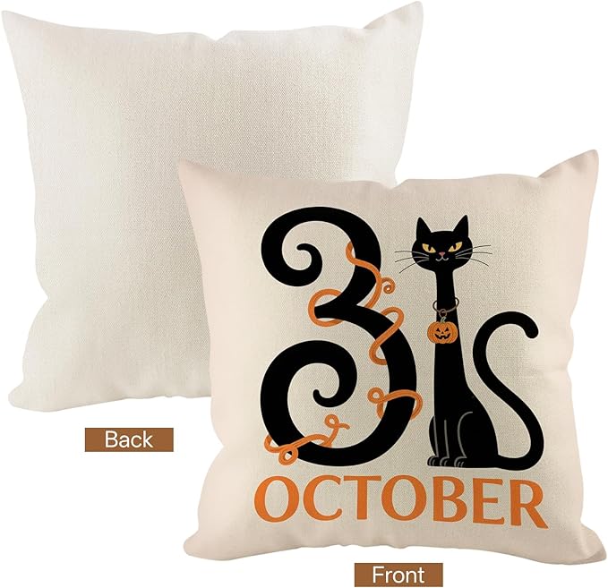 Halloween Pillow Covers 18x18 inch Set of 4, Linen Outdoor Farmhouse Cute Ghost Vintage Cat Skull Spooky Trick or Treat Party Supplies Black and White Decorations for Sofa Couch