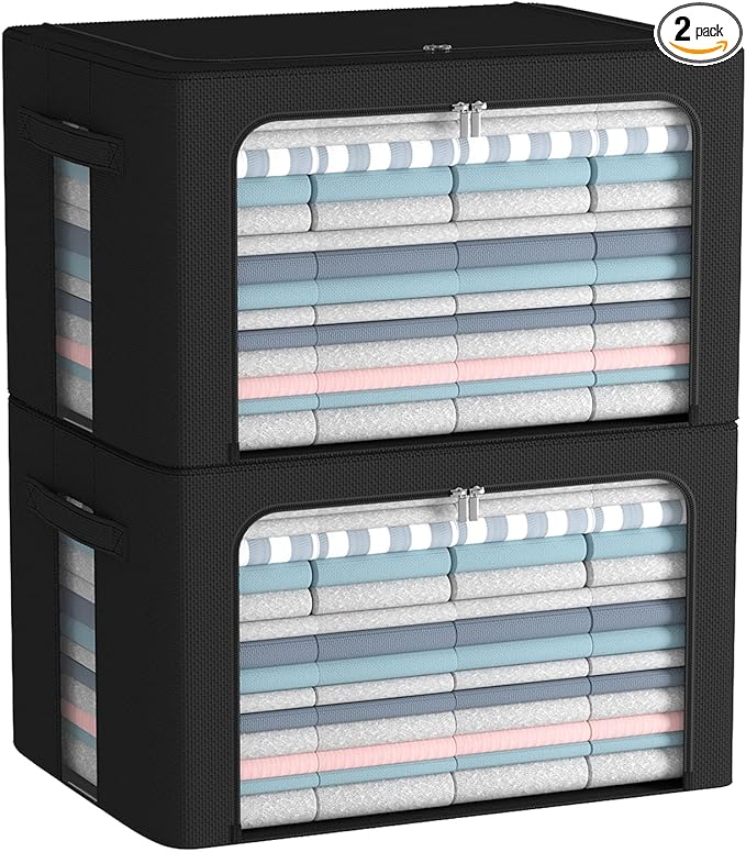 2 Pack Clothes Storage Bins Foldable Metal Frame Storage Box Linen Fabric Organizer Set with Carrying Handles and Clear Window (Black, 15.7x 11.8x 7.8Inch)