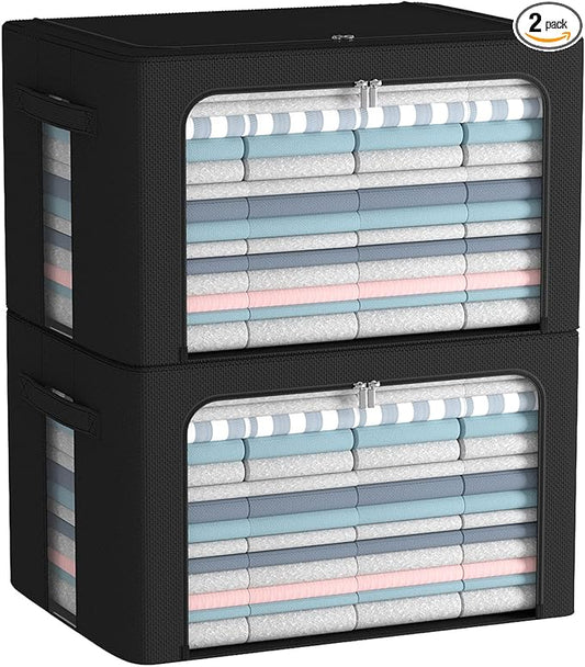 2 Pack Clothes Storage Bins Foldable Metal Frame Storage Box Linen Fabric Organizer Set with Carrying Handles and Clear Window (Black, 15.7x 11.8x 7.8Inch)