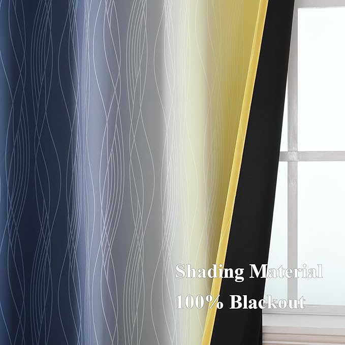Estelar Textiler Navy Blue and Yellow Ombre Blackout Curtains 45 Inch Length 2 Panels, Full Room Darkening Gradient Drapes for Kitchen, Thermal Insulated Grommet Short Curtains for Bathroom,42Wx45L