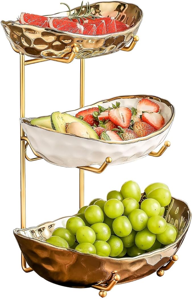 3-Tier Fruit Bowls for Kitchen Counter,Ceramic Bowl with Gold Metal Stand,3 Tier Fruit Basket for Fruit,Snack,Cake,Nuts,Dessert Storage
