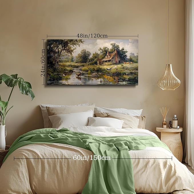 crmotu Large Wall Art for Living Room, Farm Landscape Canvas Painting, Riverside Forest Cottage Scenery Art Prints, Animal Cow Sheep Modern Farmhouse Bedroom Bathroom Pictures Wall Decor 24"X48"
