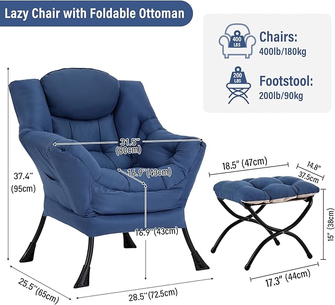 Lazy Chair with Ottoman, Modern Chair with Folding Footrest, Lounge Accent Chair, Comfortable Reading Chair (Royal Blue)