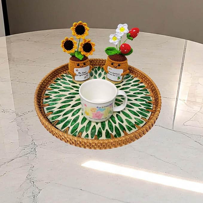 11.81" Round Rattan Mother Pearl Inlay Tray | Decorative Wooden Base for Fruit Serving, Coffee Table, Storage and Display Organizer (Green Leaf 13.8)