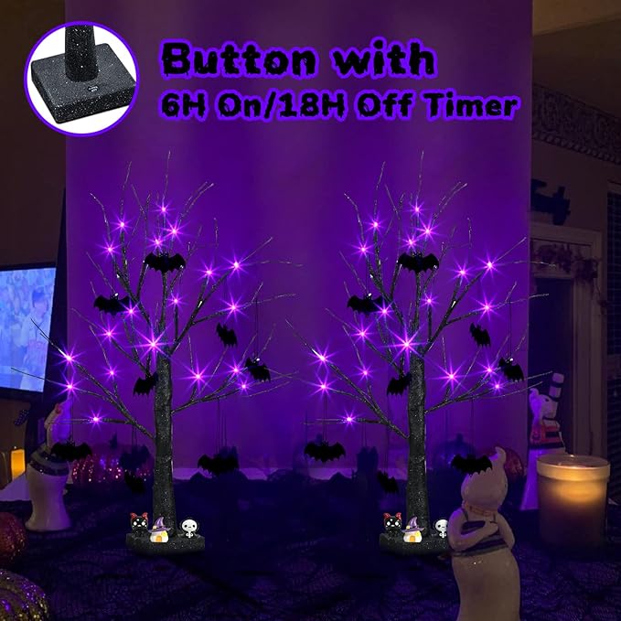 PEIDUO Halloween Decorations, 2FT Black Halloween Tree with 24 Purple Lights and 8 Bat Ornaments, Light up Halloween Decorations with Timer for Indoor Home Desk Table Decor (2PK)