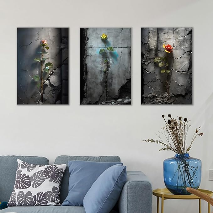 Vintage Floral Canvas Poster Wall Art 3 Roses in The Cracked Retro Botanical Picture Painting Wall Decor Artwork Use for Modern Home Bedroom Living Room Stretched and Framed [48''W X 24''H]